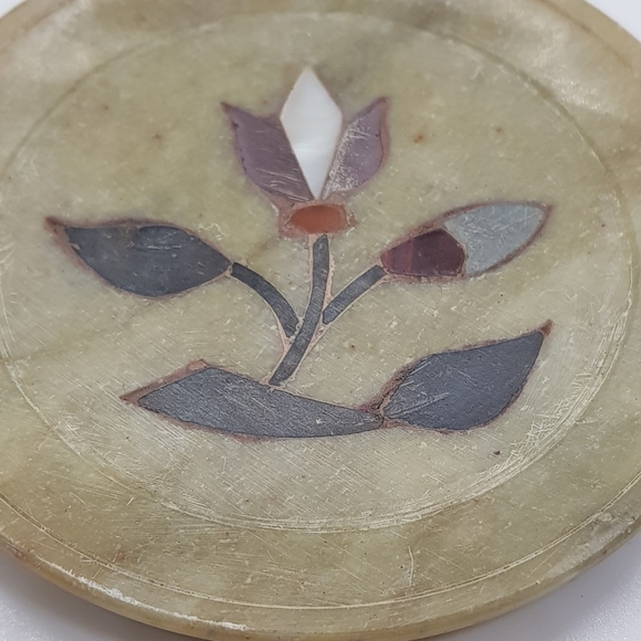 Dining Vintage Set Of 6 Soapstone Drink Coasters With Flower Inlays